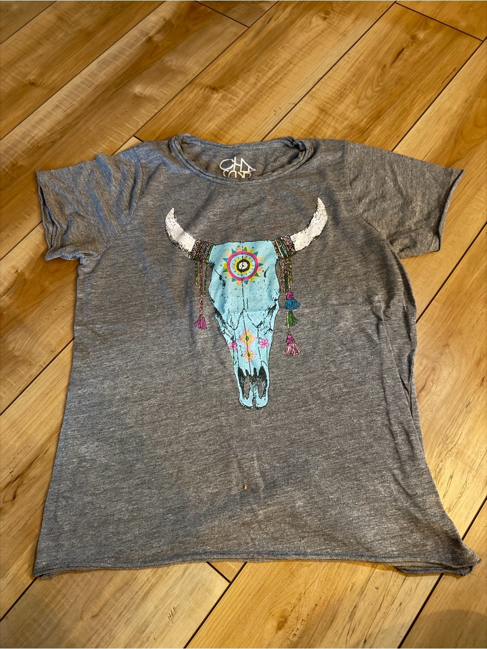Chaser Gray Tee with Turquoise Skull Graphic